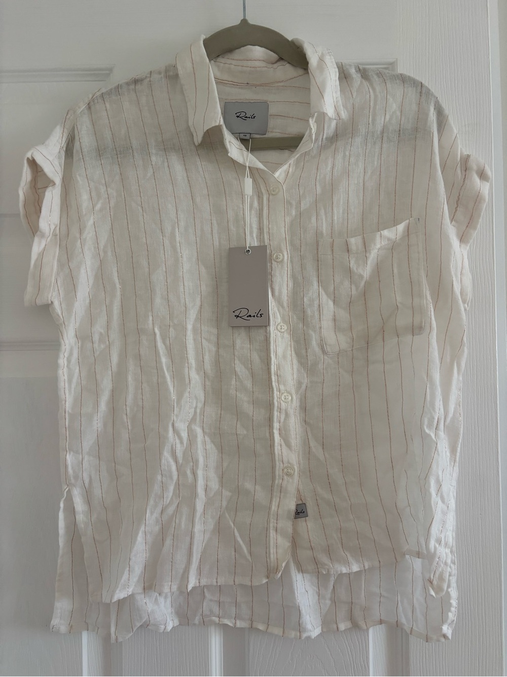 Rails women’s White Button-Down Shirt with rose gold Pinstripes